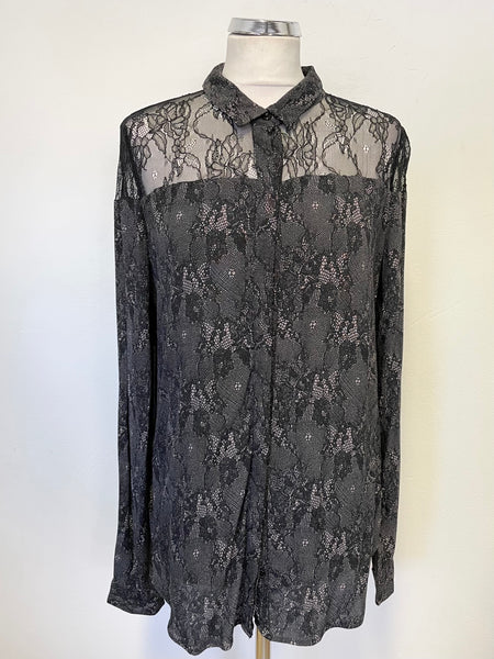 FRENCH CONNECTION BLACK & GREY PATTERNED LACE LONG SLEEVED BLOUSE SIZE 14