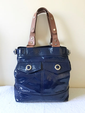 JAEGER NAVY BLUE PATENT LEATHER HAND/ SHOULDER TOTE BAG