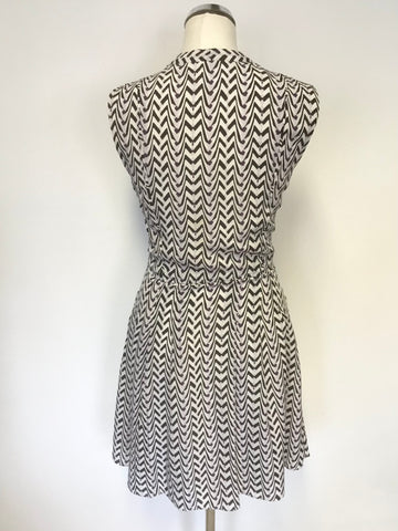 REISS TIA IVORY,BLACK  & PURPLE CHEVRON PRINT SLEEVELESS SILK FIT & FLARE DRESS SIZE 8
