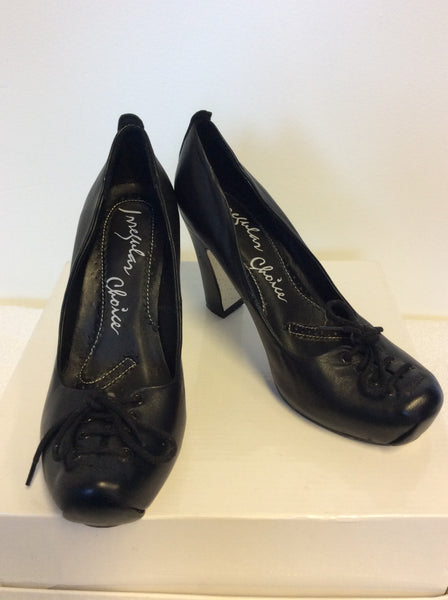 BRAND NEW IRREGULAR CHOICE BLACK LEATHER LACE UP TRIM HEELS SIZE 4.5/ 37.5