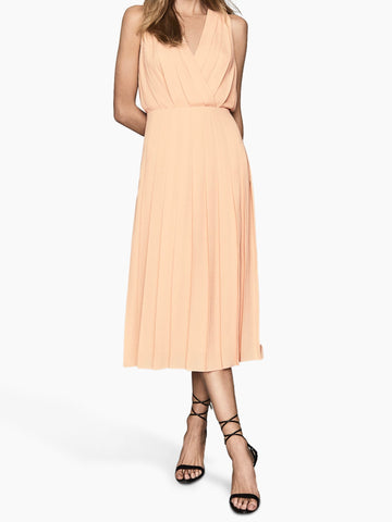 BRAND NEW REISS MARIONA NUDE / PEACH PLEATED MIDI DRESS SIZE 14