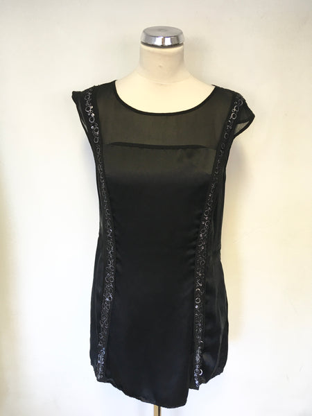 MINT VELVET BLACK SILK EMBELLISHED TRIM SLEEVELESS TUNIC TOP SIZE 14