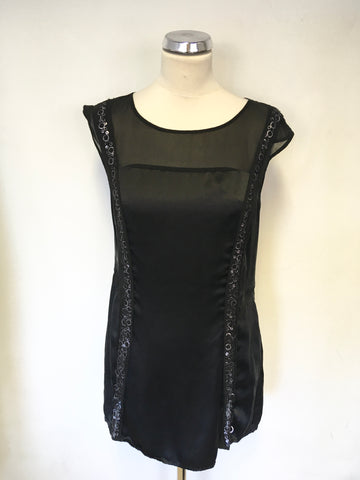 MINT VELVET BLACK SILK EMBELLISHED TRIM SLEEVELESS TUNIC TOP SIZE 14