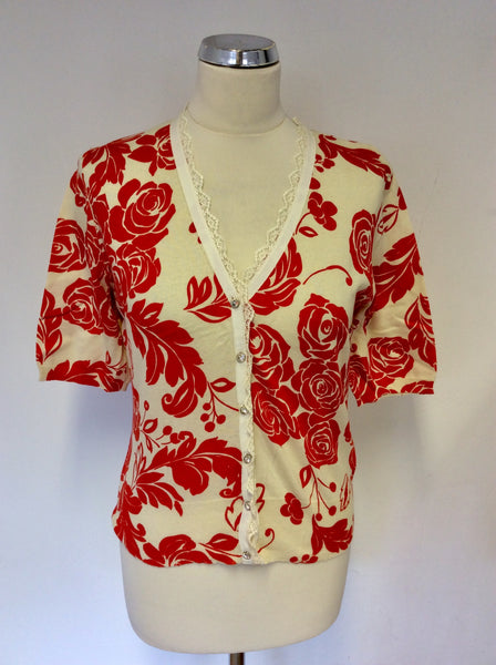 PHASE EIGHT CREAM & RED FLORAL PRINT SHORT SLEEVE CARDIGAN SIZE 14