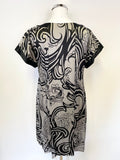 TED BAKER BLACK & SILVER GREY SILK CAP SLEEVE SHIFT DRESS SIZE 2 UK 10/12