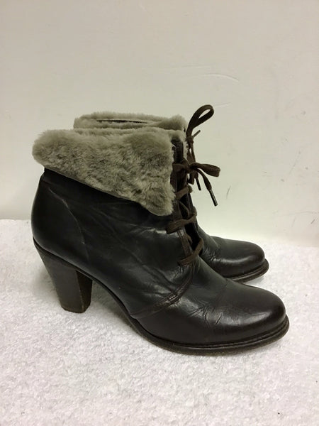 HUDSON DARK BROWN LEATHER FAUX FUR TRIM LACE UP ANKLE BOOTS SIZE 7/40
