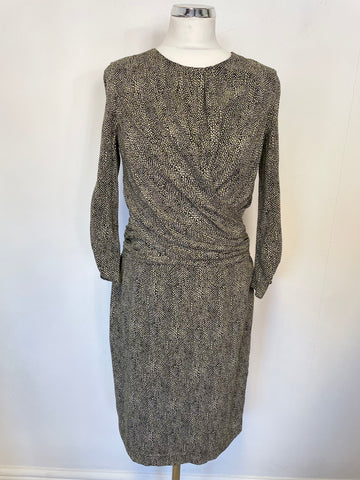 HOBBS GREEN,BLACK & WHITE PRINT 3/4 SLEEVE SILK DRESS SIZE 10