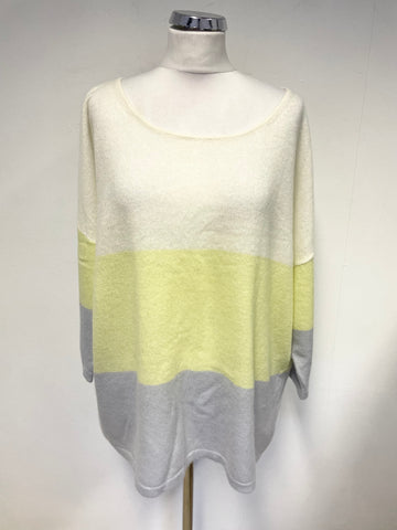 PURE COLLECTION 100% CASHMERE IVORY, LEMON & GREY FINE KNIT JUMPER SIZE XL