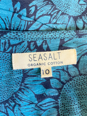 SEASALT CHAPELLE TURQUOISE & NAVY SUNFLOWER PRINT SHORT SLEEVE COTTON MIDI DRESS SIZE 10
