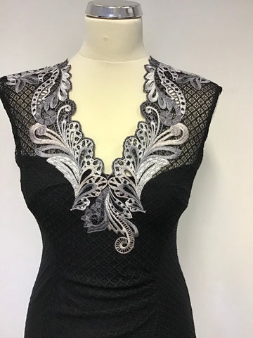 KAREN MILLEN BLACK & SILVER GREY EMBROIDERED SLEEVELESS  SPECIAL OCCASION DRESS SIZE 10