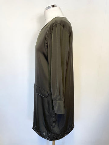 SNOB JUNO KHAKI STUD EMBELLISHED 3/4 SLEEVE SHIFT DRESS SIZE 40 UK 12