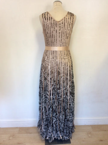 BRAND NEW STELLA BLACK & WHITE ROSE PRINT WITH NUDE SATIN TRIMS LONG DRESS SIZE 12