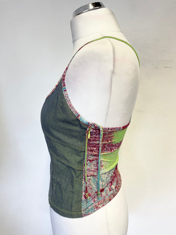 LEGATTE JEANS DENIM  BLUE & MULTICOLOURED PRINT SKIRT, TOP & JACKET OUTFIT SIZE II UK 10