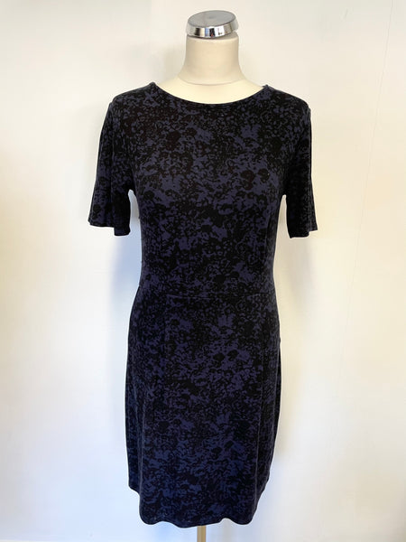 JIGSAW BLACK & PURPLE PRINT SHORT SLEEVE STRETCH JERSEY DRESS SIZE S