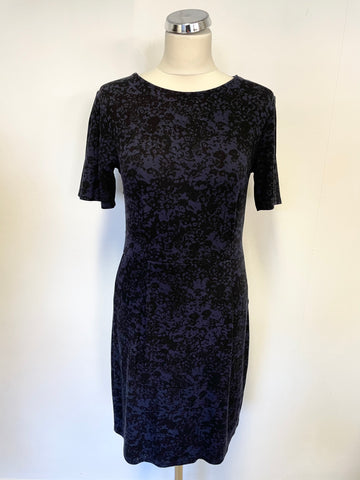 JIGSAW BLACK & PURPLE PRINT SHORT SLEEVE STRETCH JERSEY DRESS SIZE S