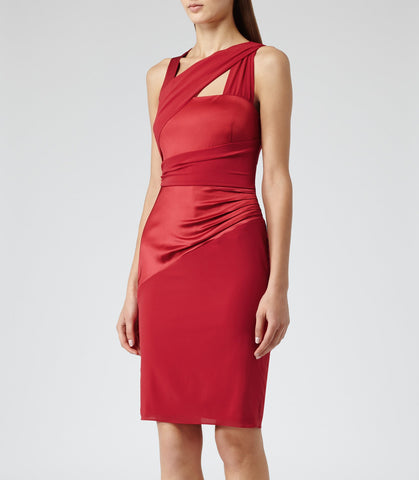 REISS HERIMONE RED ASYMMETRIC NECKLINE SATIN & CHIFON PLEATED DRAPE PENCIL DRESS SIZE 14