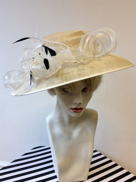 NIGEL RAYMENT IVORY & WHITE WITH BLACK FEATHER TRIM FORMAL HAT
