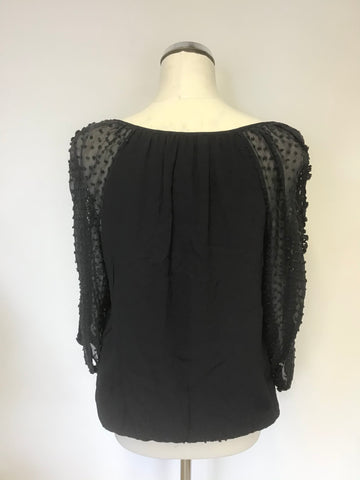 MINT VELVET NAVY BLUE SPOTTED DESIGN SEMI SHEER SLEEVE WITH CROCHET TOP SIZE 14