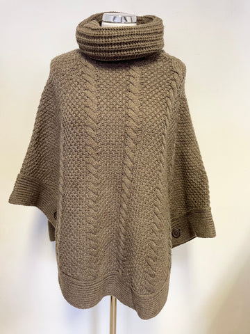 JOULES BROWN CABLE KNIT ROLL NECK WOOL BLEND PONCHO SIZE M/L