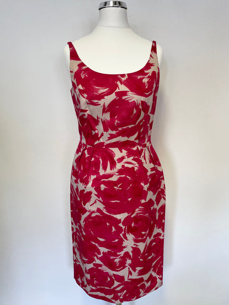 LK BENNETT RED & CREAM PRINT COTTON & SILK PRINT SLEEVELESS PENCIL DRESS SIZE 6