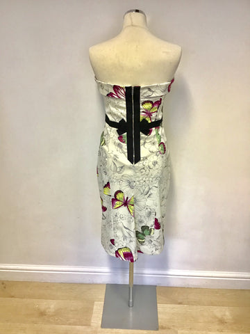 KAREN MILLEN WHITE & MULTI COLOURED BUTTERFLY PRINT STRAPLESS DRESS SIZE 10