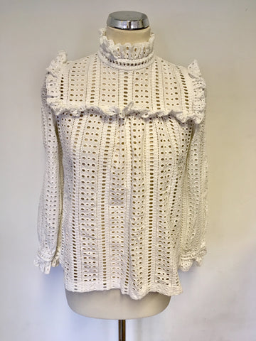 CAUDIE PIERLOT WHITE BROIDERY ANGLAISE HIGH NECK TOP SIZE 38 UK 10