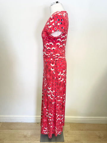 BODEN RED FLORAL PRINT STRETCH JERSEY CAP SLEEVE MAXI DRESS SIZE 12 R
