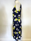 FENN WRIGHT MANSON NAVY BLUE,LIME & CREAM SPOT SILK BELTED SLEEVELESS DRESS SIZE 14