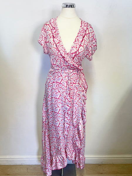 ASPIGA PINK,WHITE & LILAC PRINT CAP SLEEVE WRAP AROUND MIDI DRESS SIZE XS