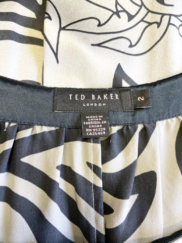 TED BAKER BLACK & SILVER GREY SILK CAP SLEEVE SHIFT DRESS SIZE 2 UK 10/12