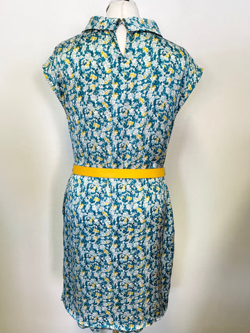 CLEMENTS RIBEIRO TURQUOISE & LEMON FLORAL PRINT SLEEVELESS SHIFT DRESS SIZE 10