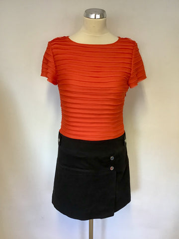 KAREN MILLEN ORANGE PLEATED TOP WITH BLACK SKIRT DRESS SIZE 10