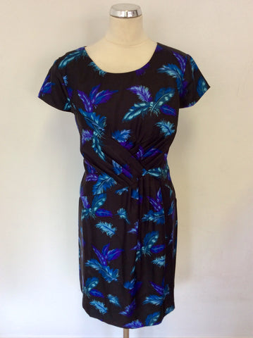PHASE EIGHT BLACK,TURQOUISE & BLUE FEATHER PRINT SILK DRESS SIZE 16
