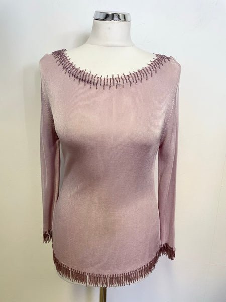 WHISTLES MAUVE BEAD TRIMMED SILKY FINE KNIT TOP SIZE M
