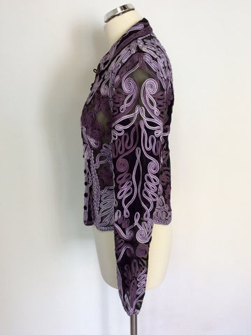 PHASE EIGHT BLACK MESH WITH LILAC & MAUVE APPLIQUÉ BLOUSE SIZE 12