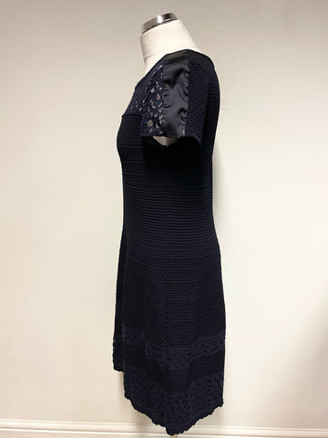 MARCCAIN NAVY KNIT LACE TRIMMED CAP SLEEVE A LINE DRESS SIZE 4 UK 14