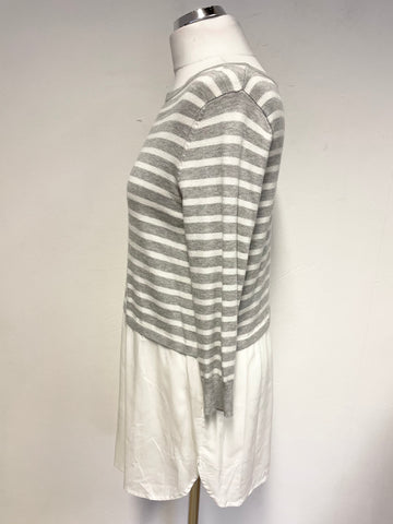 MINT VELVET GREY & WHITE STRIPED 3/4 SLEEVE JUMPER WITH SHIRT TRIM SIZE 10