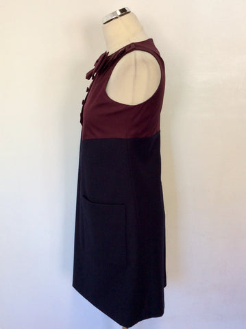 HOBBS NW3 NAVY & BURGUNDY SILK & WOOL BOW TRIM SHIFT DRESS SIZE 10