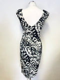 KAREN MILLEN BLACK,IVORY & GREY PRINT SLEEVELESS PENCIL DRESS SIZE 10