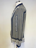 MASSIMO DUTTI BLUE PATTERNED LONG SLEEVE COLLARLESS BLOUSE SIZE 38 UK 10