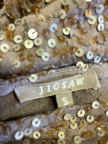 JIGSAW LIGHT BROWN & GOLD SEQUINNED SHORT SLEEVE SHIFT DRESS SIZE S