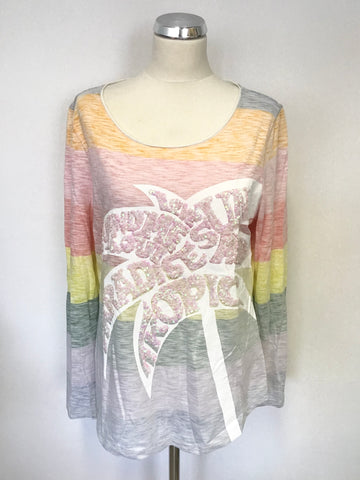 BRAND NEW OUI PASTEL MULTI COLOURED STRIPE SEQUINNED TRIM LONG SLEEVE TOP SIZE 16