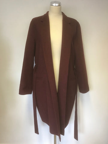 BRAND NEW JASPER CONRAN BURGUNDY/ WINE TIE WAIST BELT KNEE LENGTH COAT SIZE 16