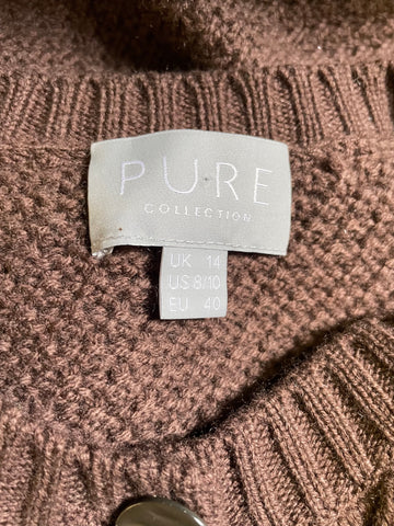 PURE COLLECTION BROWN CASHMERE & WOOL BLEND CABLE KNIT CARDIGAN  SIZE 14