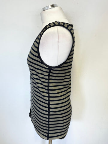 MARCCAIN KHAKI & BLACK STRIPE SLEEVELESS TOP & MATCHING ZIP UP JACKET SET SIZE N4 UK 14