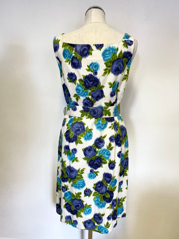 PHASE EIGHT IVORY WITH TURQUOISE,PURPLE & GREEN FLORAL PRINT SLEEVELESS BELTED DRESS SIZE 12