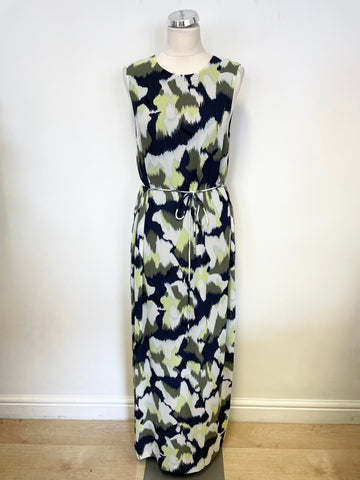 WHISTLES NAVY,GREEN & WHITE PRINT SLEEVELESS TIE WAIST MAXI DRESS SIZE 12