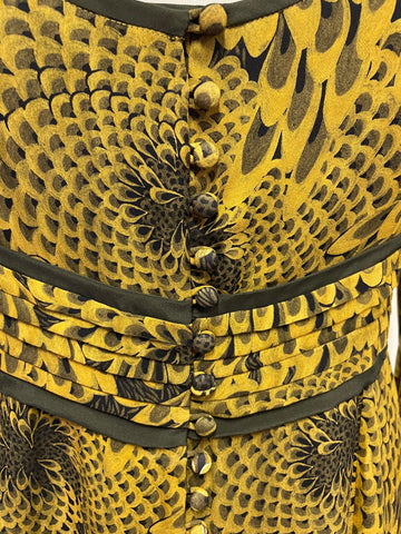 JENNY DYER LONDON 100% SILK MUSTARD & GREEN PRINT FIT & FLARE DRESS SIZE 10