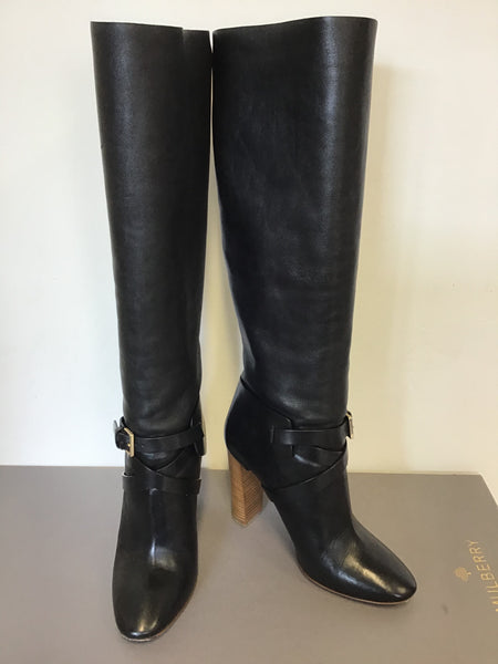 MULBERRY SOMERSET BLACK LEATHER HIGH HEEL KNEE HIGH BUCKLE TRIM BOOTS SIZE 7/40
