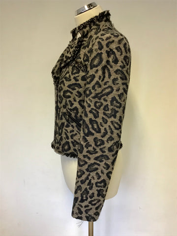 OUI COLLECTION LIGHT BROWN & NAVY BLUE ANIMAL PRINT ZIP UP JACKET SIZE 12